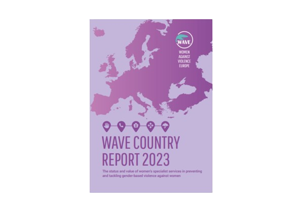 The WAVE Country Repor 2023 cover is light purple. On it, the map of the European continent is coloured in dark purple and placed on the upper half of the publication. Below there are five symbols representing women's specialist services, the title "WAVE Country Report 2023" and the subtitled "The status and value of women’s specialist services in preventing and tackling gender-based violence against women"
